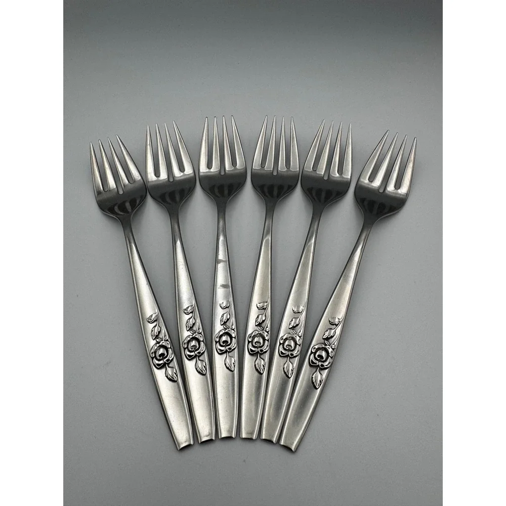 Lot of 6 Vintage Oneida Our Rose Stainless Salad Dessert Forks 1964 Glossy